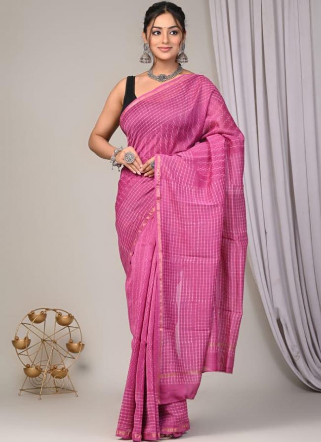 Chanderi Silk Pink Festival Wear Block Printed Saree